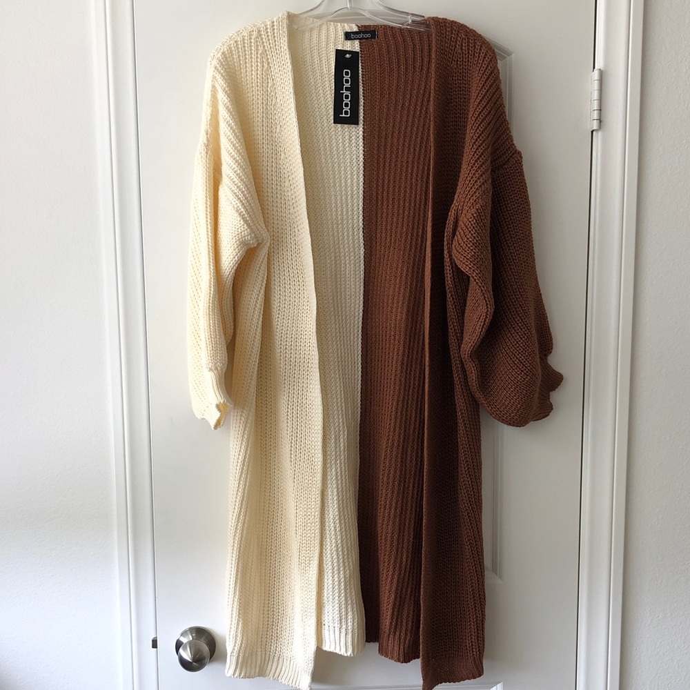 Boohoo Two-Tone Long Knit Cardigan in Cream & Brown